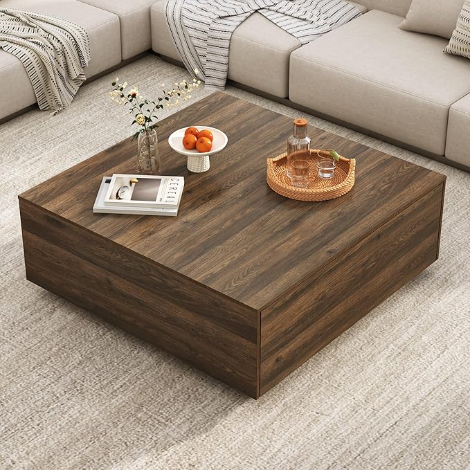 43” Square Coffee Table with Storage, Modern Large Square Center Table with 2 Drawers, Wood Coffee Table for Living Room, Walnut-Ruum Studio Home