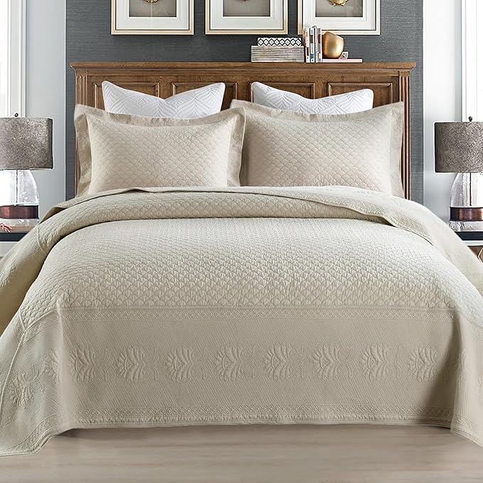 MarCielo 3-Piece 100% Cotton Oversized Bedspread Lightweight Quilt Coverlet Embroidery Farmhouse Bedding Set (TM Khaki Beige, Oversized Queen (100"x106"))-Ruum Studio Home