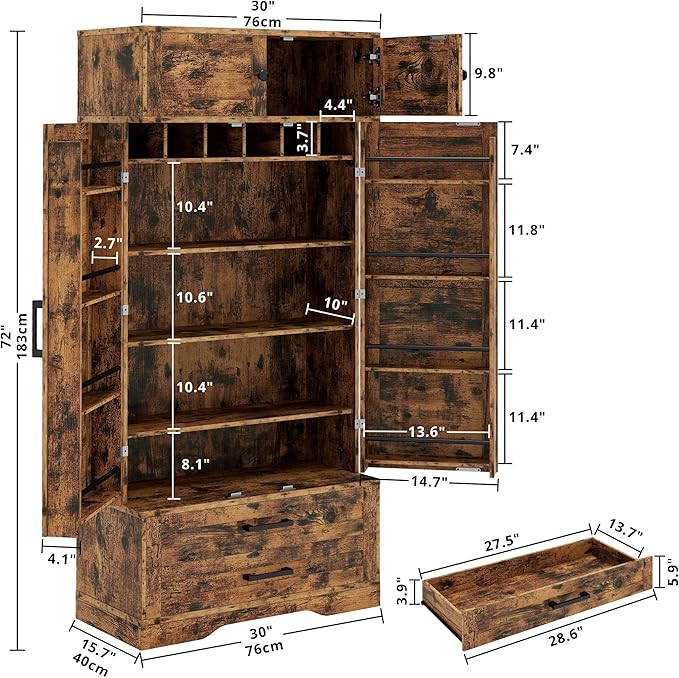 IRONCK Kitchen Pantry 72" Height, with 8 Hanging Shelves, 2 Drawers and Open Storage Cabinet, Freestanding Cupboard for Dining Room Living Room,Vintage Brown-Ruum Studio Home