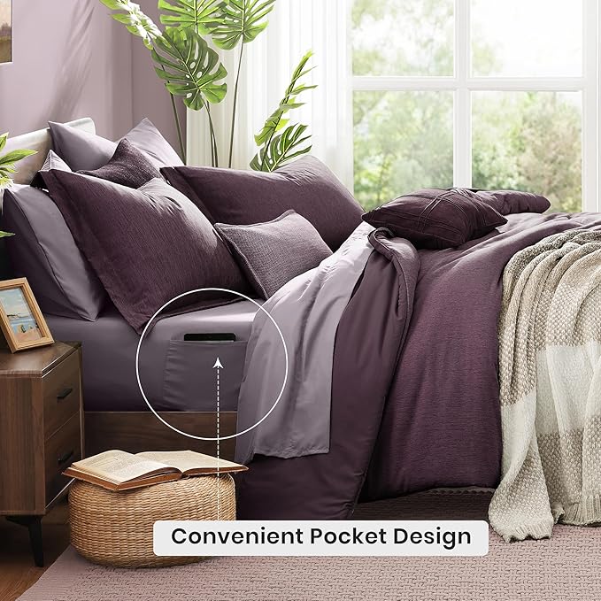 Monbix Queen Comforter Set - 7 Pieces Cationic Dyeing Italian Plum Bed in a Bag Queen Bedding Sets with Comforter, Sheets, Pillowcases & Shams, Reversible Bedding Comforters Sets-Ruum Studio Home