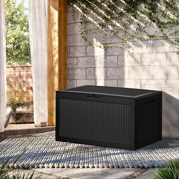 100 Gallon Resin Deck Box, Waterproof Outdoor Storage Bin for Patio Furniture, Pool Accessories, and Garden Tools, Lockable & UV-Resistant, Black-Ruum Studio Home