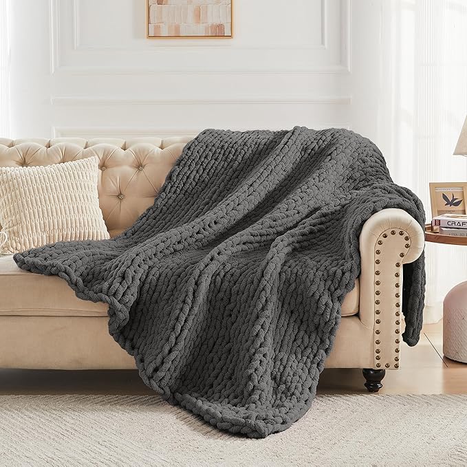 Carriediosa Chunky Knit Throw Blanket 50" X 60", 100% Hand Made Large Chenille Loop Yarn Soft Fluffy Throws for Couch Sofa Bed, Big Crochet Cozy Heavy Thick Cable Woven Blankets, Dark Grey-Ruum Studio Home