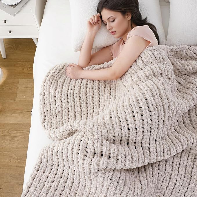 Battilo Chunky Knit Throw Blanket, Soft and Thick Chenille Throw Blanket, 50"x60" Handmade Cable Knit Crochet Blanket, Large Rope Knot Throw Blankets for Couch Sofa Bed Home Decor, Taupe-Ruum Studio Home