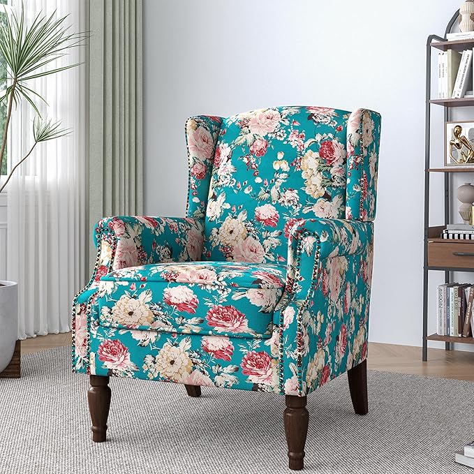 Lumibee Wingback Accent Chair,High Back Floral Armchairs in Fabric,Comfy Upholstered Reading Single Sofa Chair with Solid Wood Legs for Living Room,Bedroom,Office-Peacock Blue-Ruum Studio Home