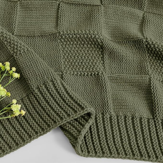 CozeCube Check Knit Throw Blanket, Olive Green Checkered Throw for Couch, Decorative Christmas Soft Cozy Warm Knitted Blanket for Bed Sofa Living Room, 50"X60"-Ruum Studio Home