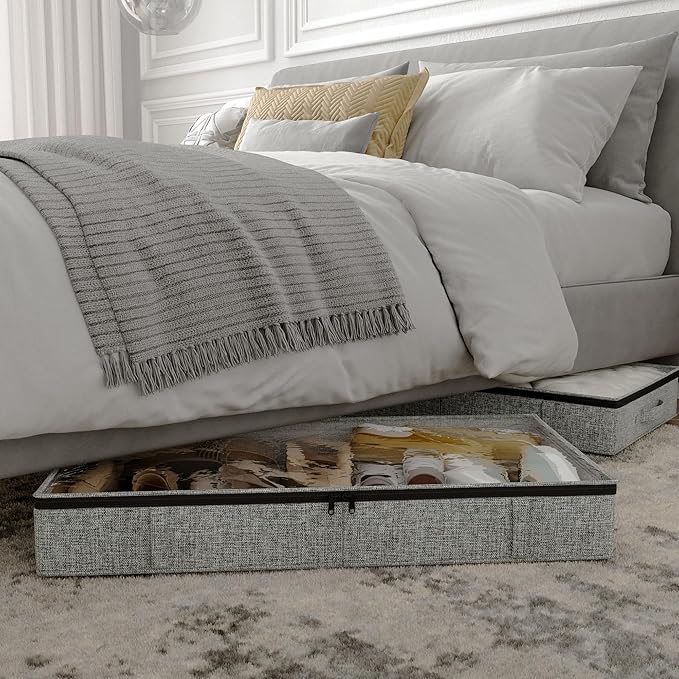 Gray Low Profile Under Bed Storage Containers 5 inches high, 33.8"x 17.7"x 5.1", Sturdy Underbed Shoe Storage Organizer, Foldable Fabric Under the Bed Storage Bins - Pack of 2-Ruum Studio Home