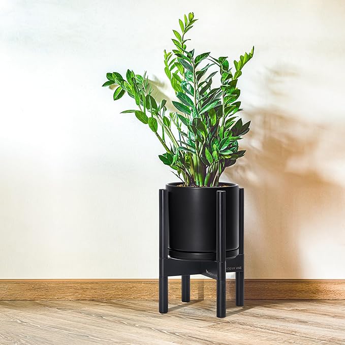 D'vine Dev Ceramic Planter with Ebony Stand - 8 Inch Modern Round Flower Pot with Wood Planter Holder, Black, 55-B-M-2-Ruum Studio Home