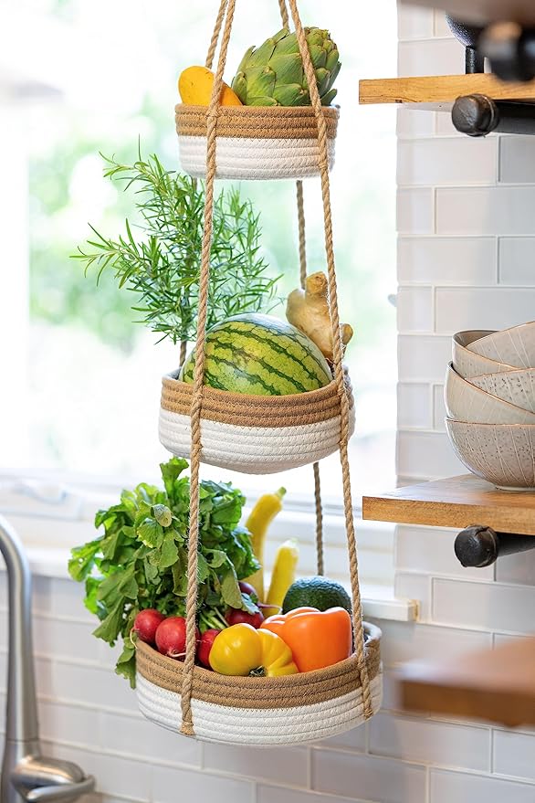 CEDAR+PINE 3-Tier Lined Hanging Fruit Basket Natural Woven Cotton with Strong Jute Rope Hanger in Gift Box Modern Hanging Basket for Kitchen-Ruum Studio Home