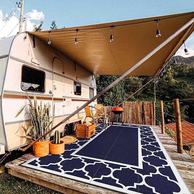 GENIMO 9' x 18' Outdoor Rug Waterproof for Patio, Foldable Reversible Plastic Straw Area Rugs Mat for Rv Decor, Outside Carpet for Camper, Deck, Picnic, Beach, Balcony, Porch, Blue & White-Ruum Studio Home