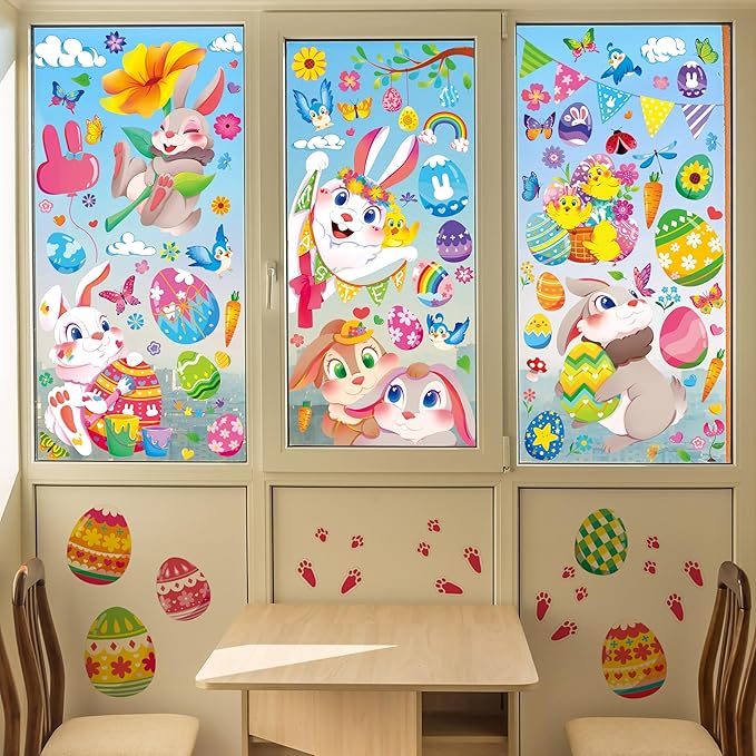 Large Easter Window Clings - Bunny Window Stickers Decals for Glass Windows, Cute Easter Egg Double Sided Reusable Window Holiday Decorations, Bird Office Spring Patry Decor, 9Sheet/121PCS-Ruum Studio Home