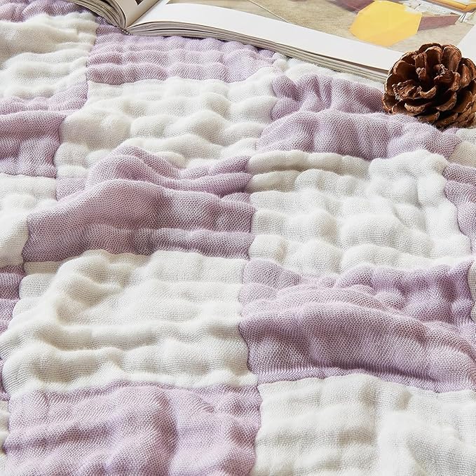 EMME Checkered Cotton Blanket Twin Large 60"x80" 100% Muslin for Couch Breathable Cooling Gauze All Season Soft and Lightweight (Lavender)-Ruum Studio Home