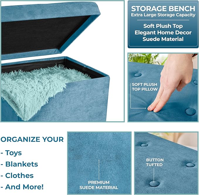 Sorbus Folding Ottoman - Foot Rest Cube, Bedroom Bench, Coffee Table, Shoe Storage, Foot Stool, Pouf - Teal Blue Suede Velvet-Ruum Studio Home