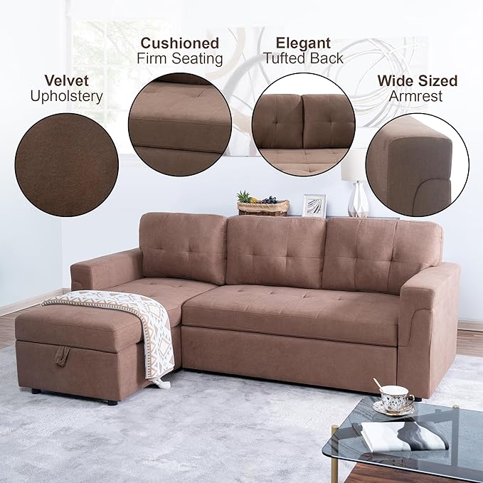 Naomi Home Transform Any Space: Sleeper Sectional Sofa with Convertible Sofa Bed & Inviting Chaise. Find Tranquil Comfort with Stress-Relieving Design & Durable Cushions - Mocha/Velvet-Ruum Studio Home