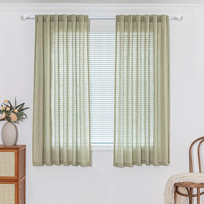 MYSKY HOME Sage Green Sheer Curtains Short Window Treatment Panels Light Filtering Semi Sheer Curtains Boho Farmhouse Style Texture Soft Touch Kitchen Drapes Set, 50" Wide x 63" Long, 2 Panels-Ruum Studio Home