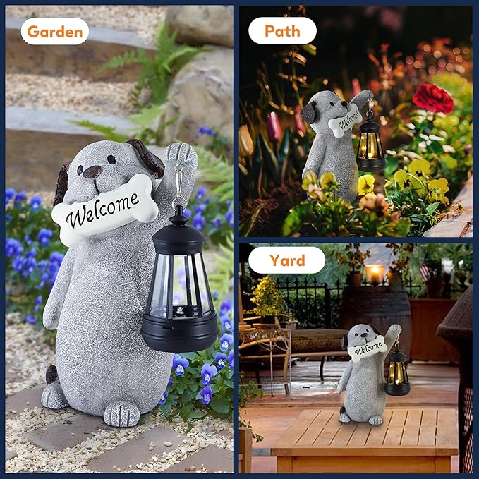 Solar Dog Statues for Garden Decor - Outdoor Dog Figurines with Solar Lantern for Yard Patio Lawn Balcony Ornaments - Garden Gifts for Mothers Day, Grandma, Easter-Ruum Studio Home