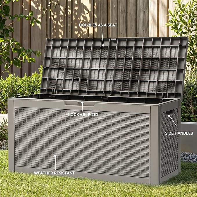 YITAHOME 60 Gallon Resin Deck Box, Weather Resistant Outdoor Rattan Storage Box, Lockable Indoor Outdoor Storage for Supplies and Essentials, Taupe-Ruum Studio Home