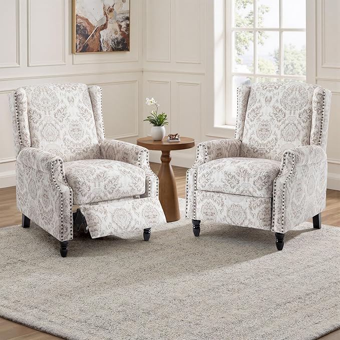 UIXE Recliner Chairs Set of 2, Fabric Upholstered Armchair Pushback Accent Chair for Living Room, Floral Rivet Trim Club Chair Home Theater Single Sofa Bedroom Side Reading Seat - Beige Pattern-Ruum Studio Home