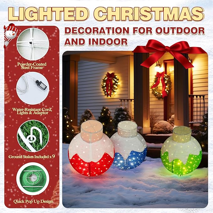 36 Inch Pop-Up Christmas Ball with 90 LED Lights for Outdoor Xmas Decor, 3-Piece Pre-Lit Iridescent Christmas Ball Ornaments Decor with Base, Outdoor 3D Glittered Standing Holiday Display-Ruum Studio Home