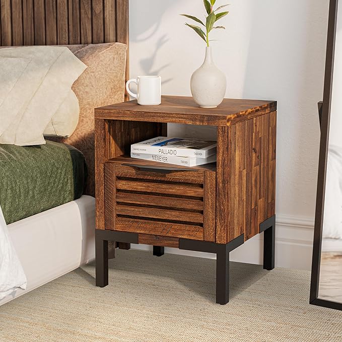 Bme Millie Solid Acacia Wood Rustic Nightstand with Drawers & Open Shelf, Pre-Assembled Industrial Modern Side Table for Living Room, Bedroom-Ruum Studio Home