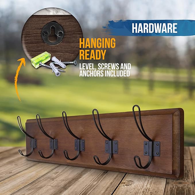 HBCY Creations Dark Wash Brown Rustic Coat Rack Wall Mount with 5 Hooks, Solid Pine Wood 24 inch Wall Hooks for Entryway, Mudroom, Hallway, Bathroom - Vintage Farmhouse Style Wall Mounted Towel Rack-Ruum Studio Home