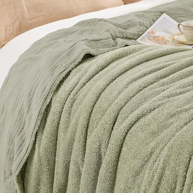 EMME Muslin and Fleece Throw Blanket Reversible - 50"*60" Sage Green Soft Warm Throw Blankets for Couch Bed Picnic Travel Bed-Ruum Studio Home
