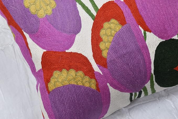 Lily Pink Flower Pillow Cover | Suzani Accent Pillow | Outdoor Floral Pillows | Hand Embroidered Wool Cushion - 18x18-Ruum Studio Home