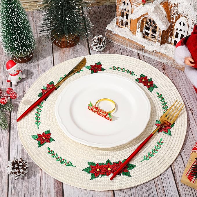 Whaline 4Pcs Round Christmas Flower Placemats Embroidered Xmas Poinsettia Place Mats Decorative Dinner Table Mats for Holiday Party Decor-Ruum Studio Home