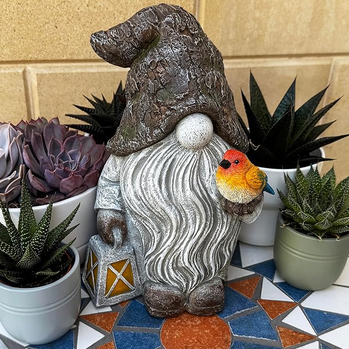 Mood Lab Garden Gnome - Stone Gnome Figurine - 9.1 Inch Tall Lawn Statue with Bird - for Outdoor or House Decor-Ruum Studio Home