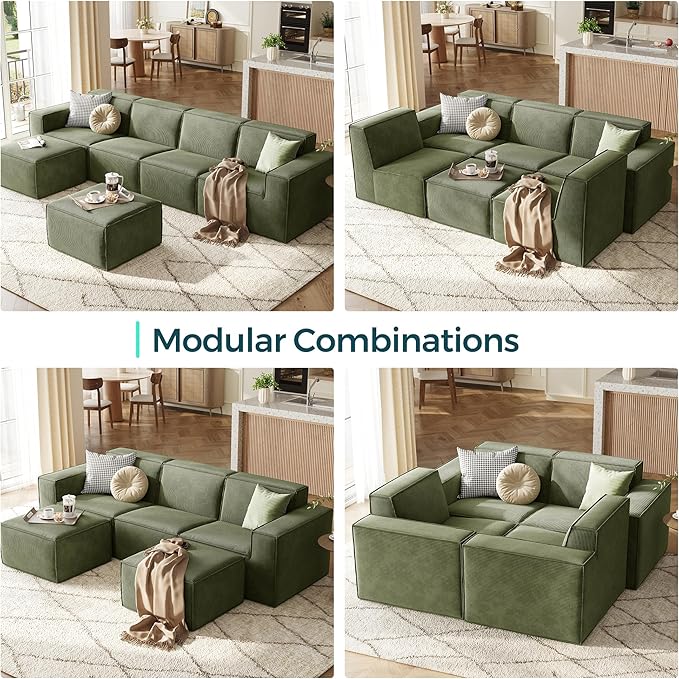 LINSY HOME Modular Sectional Sofa, 105" Boneless Couch L Shaped 3-Seat Sofa with Ottoman, Corduroy Sectional Cloud Couches for Living Room, No Assembly Required, Green-Ruum Studio Home