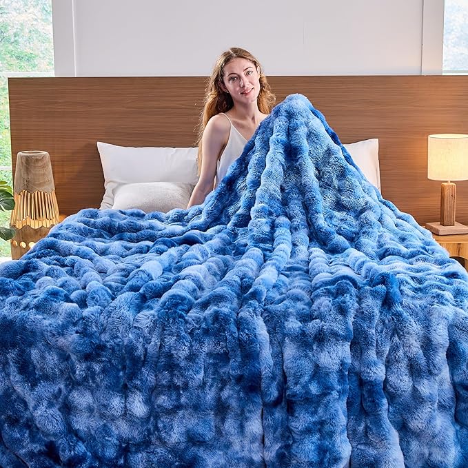 Lotus Karen Faux Fur Throw Blanket Tie-Dye Blue - Big Bubble Rabbit Fluff Blanket for Couch,Small Fluffy Fuzzy Cozy Blanket,Thick Furry Plush Shaggy Blankets,60x80 Inches-Ruum Studio Home