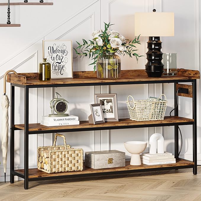 IRONCK Console Table, Sofa Table with Power Outlet, Farmhouse Hallway Table for Entryway, Living Room, Height Adjustable, Easy Assembly, Rustic Brown,55"-Ruum Studio Home