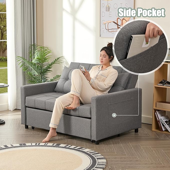 52" Sleeper Sofa with Pull-Out Bed, 3-in-1 Convertible Sofa Bed, Loveseat with Stepless Adjustable Backrest and Side Pocket, for Living Room Dorm Apartment, Linen, Light Gray-Ruum Studio Home