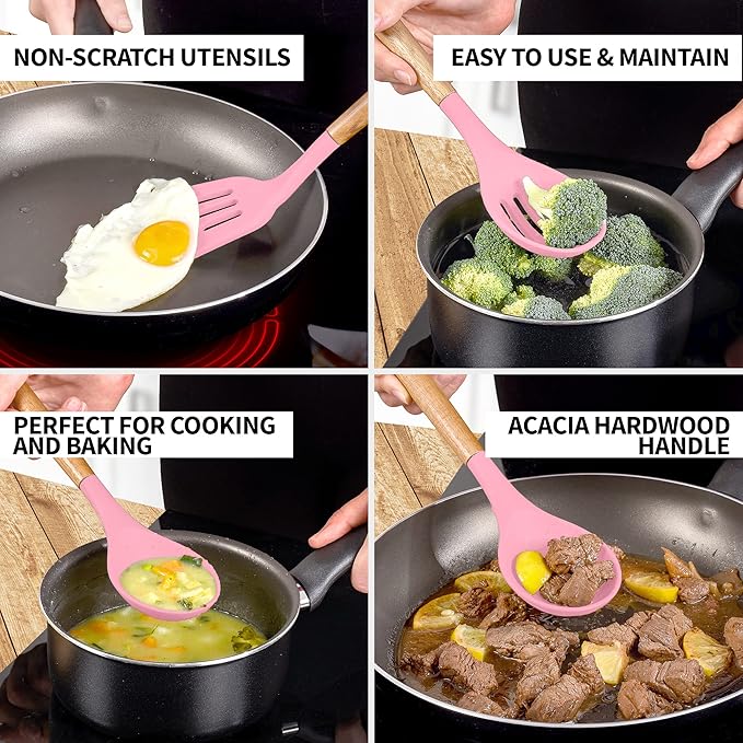 Zulay Kitchen Non-Stick Cooking Utensils Set with Authentic Acacia Wood Handles – 5-Piece Durable & Stylish Silicone Kitchen Utensils Set – Heat Resistant to 464°F – Pink-Ruum Studio Home