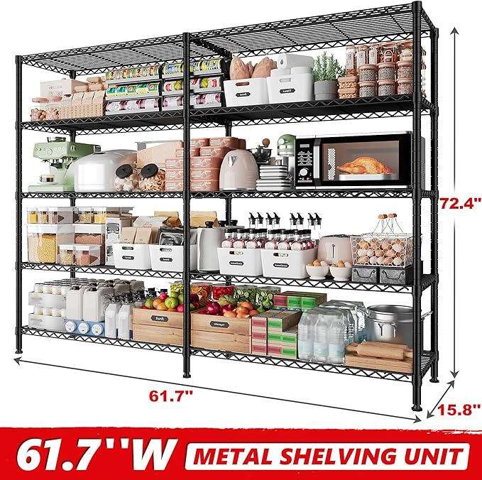 REIBII 1500LBS Storage Shelves Metal Shelving Unit 61.7''W Wire Shelving, 5 Tier Pantry Shelves Kitchen Shelves Adjustable Wire Shelf for Garage Shelving Heavy Duty, 61.7" W*72.4" H*15.8" D-Ruum Studio Home