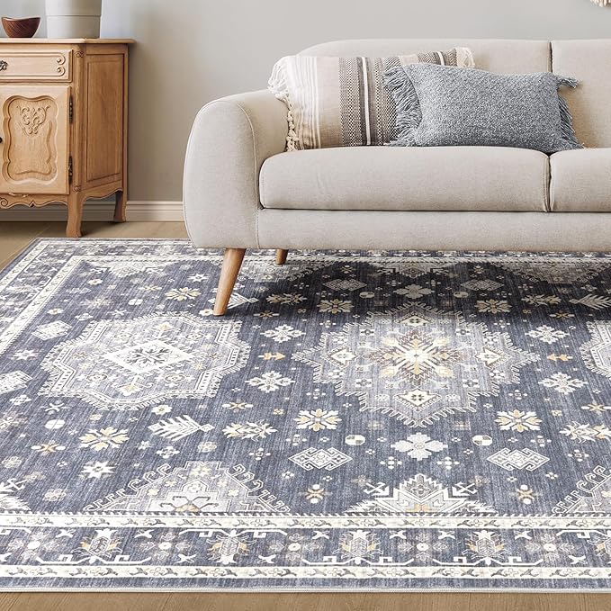 Washable Area Rugs for Living Room -8x10 Neutral Vintage Distressed Floral Farmhouse Boho Large Soft Floor Rug Indoor Non Slip Carpet for Living Room Bedroom Dining Room Office - Denim Blue/Grey-Ruum Studio Home
