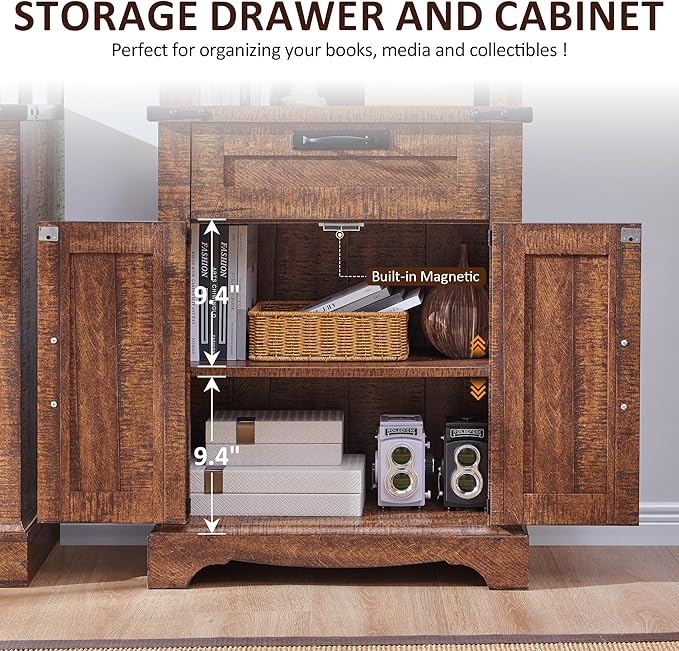 OKD 72'' Tall Bookshelf with Storage, Farmhouse 4 Tier Bookcase w/Barn Door, Adjustable Shelves and Drawers, Rustic Wooden Office Bookshelves for Home, Living Room, Library (Reclaimed Barnwood Color)-Ruum Studio Home