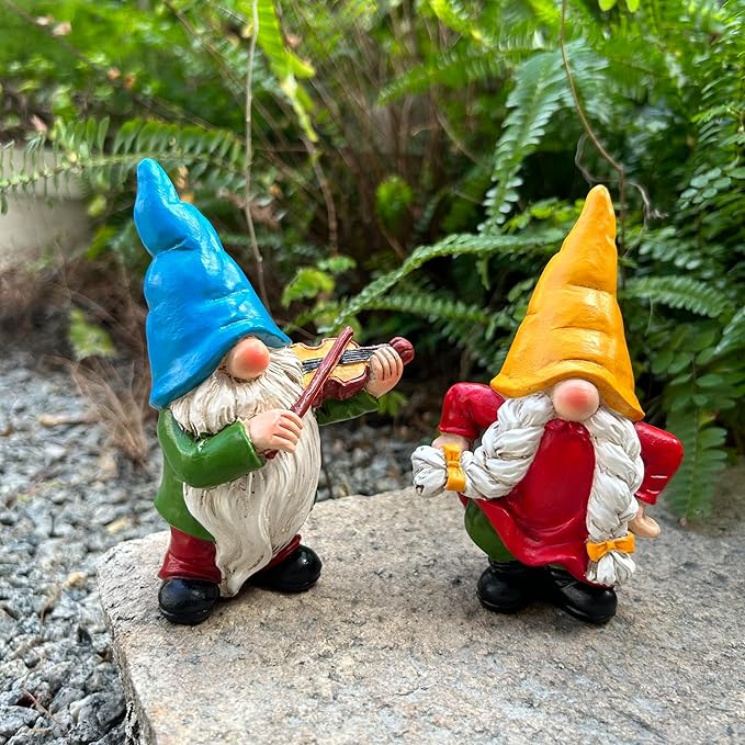 Garden Gnome Duo Decorative Figurines 5.5“ Ornament for Indoor Outdoor Home Garden Decor，Musical Violin Player and Dancing, Colorful Outdoor Statues, Set of 2-Ruum Studio Home
