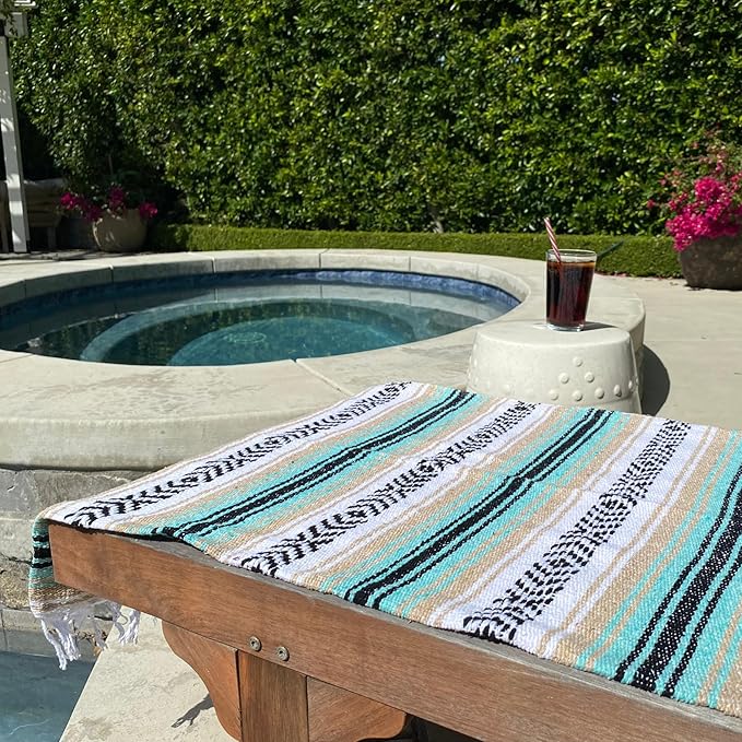 Del Mex Classic Mexican Blanket, Large Authentic Woven Falsa Throw (70"x50"), Artisan Southwest Décor for Beach, Yoga, Outdoors (Mint/Tan)-Ruum Studio Home