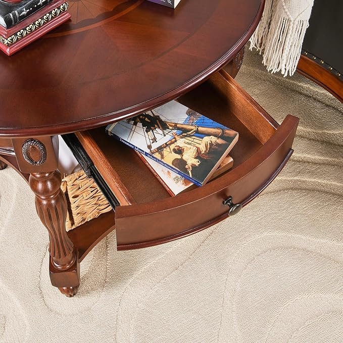 MODERION Solid Wood End Table with Drawer, Oval Sofa Side Table, Storage Shelf, Living Room Corner Table, Nightstand, 24”H Cherry Walnut CJZ1533WD-DR-Ruum Studio Home