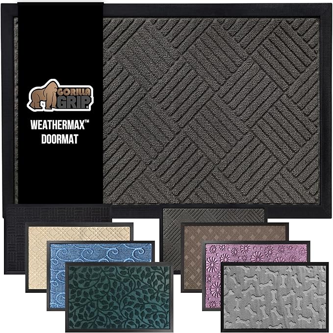 GORILLA GRIP 100% Waterproof All-Season WeatherMax Doormat, 47x35, US Designed Natural Rubber, Stain and Fade Resistant, Low Profile Indoor Outdoor Door Mats, Easy Clean Patio Mat, Gray Diamond-Ruum Studio Home