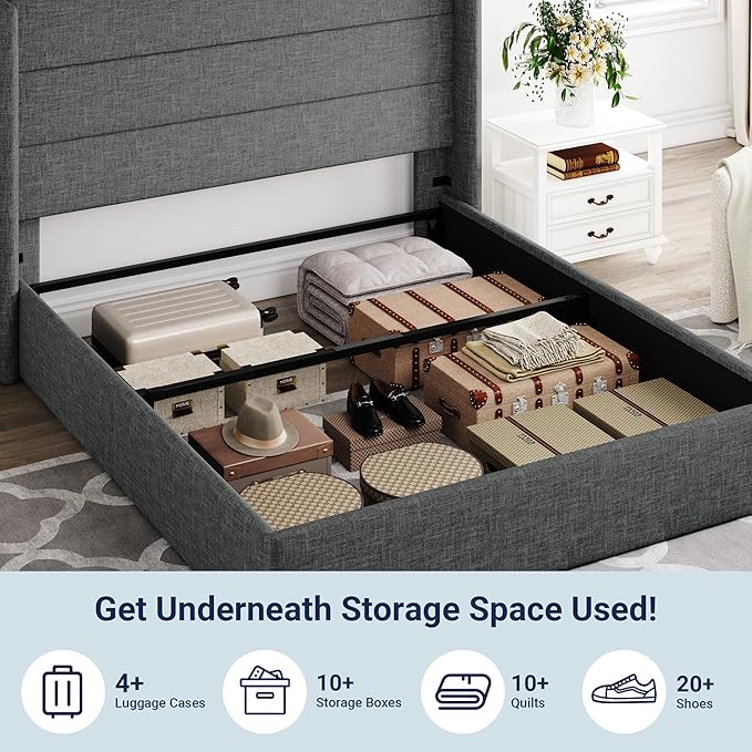 Allewie Full Size Lift Up Storage Bed, Modern Wingback Headboard, Hydraulic Support, No Box Spring Needed, Dark Grey-Ruum Studio Home