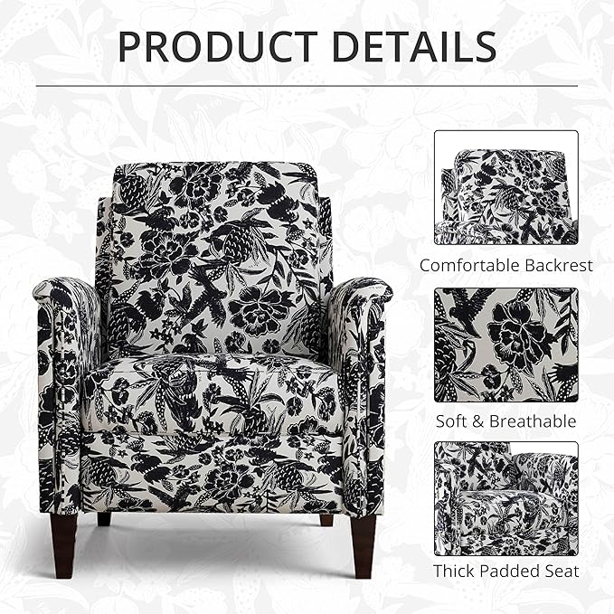 Floral Accent Chair, High Back Upholstered Armchair with Solid Wooden Legs, Padded Armrest and Removable Comfortable Cushioned Seat Single Sofa for Living Room, Bedroom, Black-Ruum Studio Home