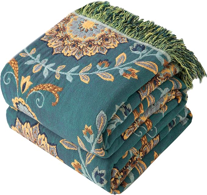 Boho Throw Blanket Twin Size, Soft Cozy Cotton Muslin Quilt Blanket for Bed Decor, Floral Patterned Couch Sofa Chair Cover, Vintage Farmhouse Cottage Tapestry Woven Blanket, Green&Beige-Ruum Studio Home
