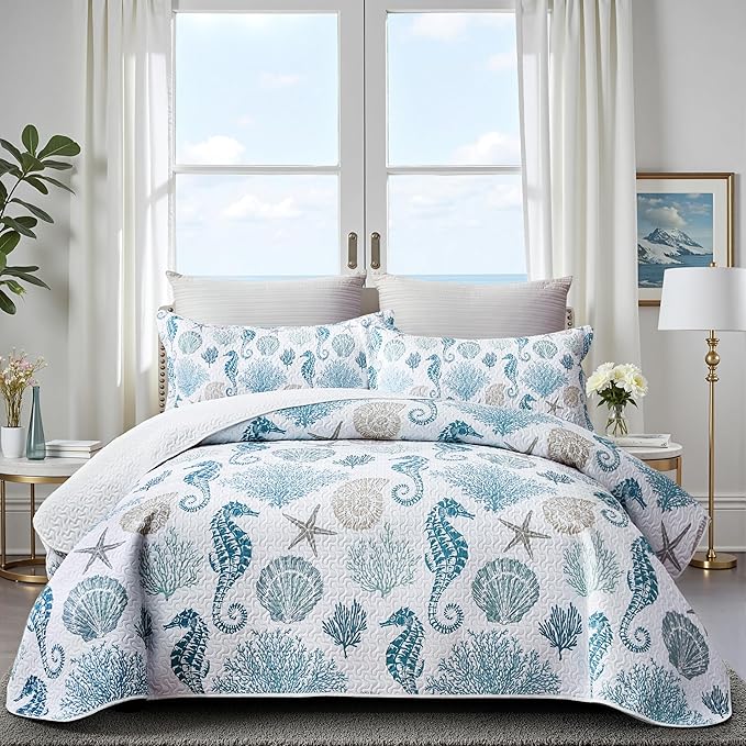 Coastal Bedding Twin Size Coastal Quilt with Shams, Nautical Beach Comforter Sets Ocean Bedspreads Blue Seahorse Coverlet Summer Bedding, 68''x86''-Ruum Studio Home