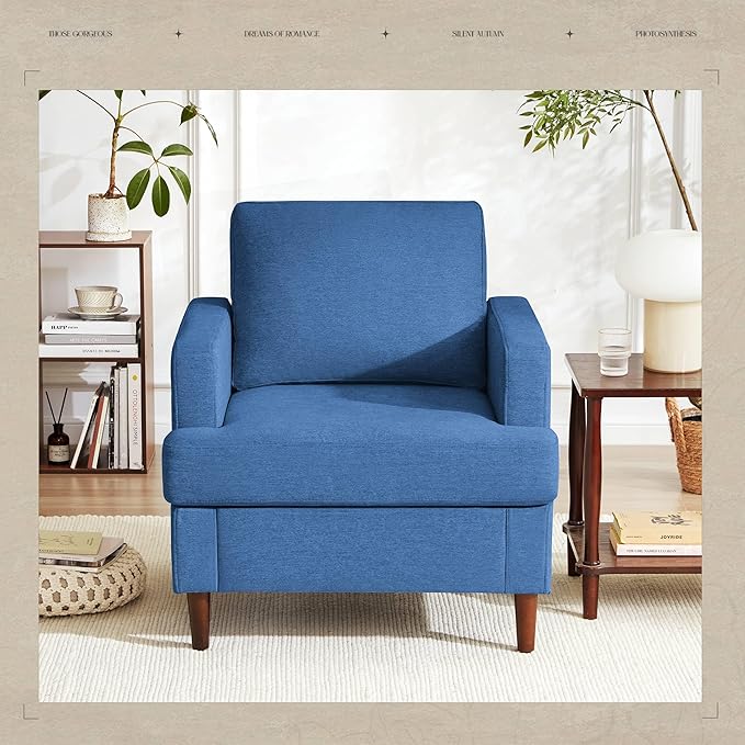 Mid-Century Accent Chair,Modern Linen Fabric Armchair for Living Room,Comfy Upholstered Reading Accent Chairs for Bedroom,Single Sofa Chair with Wood Legs (Blue, 2 Pack)-Ruum Studio Home