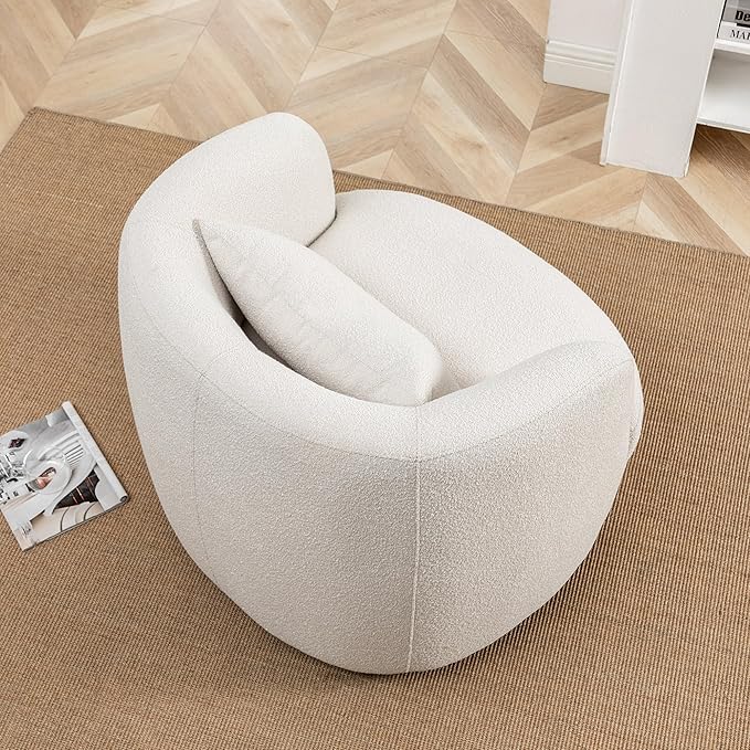 KINWELL 34" Wide Boucle Swivel Barrel Chair, No Assembly Round Upholstered Armchair Accent Chair Single Sofa Chair with Toss Pillow for Living Room and Bedroom, Beige-Ruum Studio Home