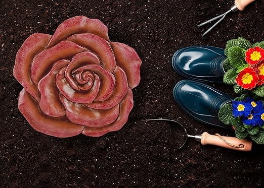 NAT & Jules Rose Flower Shaped Dimensional Indoor Outdoor 12 inch Cast Resin Decorative Garden Stepping Stone, Patio, Walkway Sculpture Yard Art, Colorful Blush-Ruum Studio Home