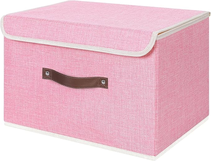 ANMINY Storage Bin with Lid Storage Boxes with PU Leather Handles PP Plastic Board Decorative Foldable Lidded Cotton Linen Fabric Home Cubes Baskets Closet Organizer Container - Pink, Large Size-Ruum Studio Home
