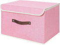 ANMINY Storage Bin with Lid Storage Boxes with PU Leather Handles PP Plastic Board Decorative Foldable Lidded Cotton Linen Fabric Home Cubes Baskets Closet Organizer Container - Pink, Large Size-Ruum Studio Home