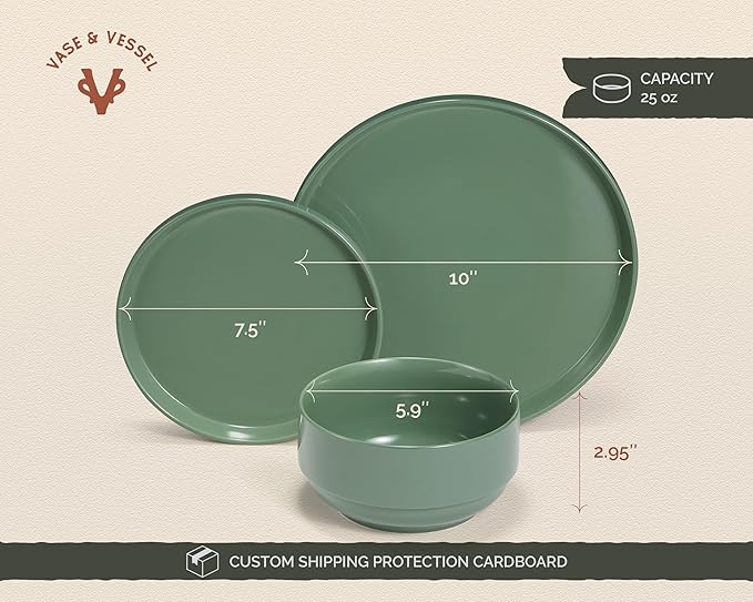 Ceramic Dinnerware Set, 12-Piece Service for 4, Round, Microwave and Dishwasher Safe, Cambridge Classics (Dusty Jade)-Ruum Studio Home